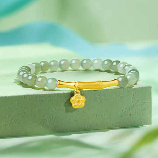 周六福金镶玉暴富字金牌手串女士黄金和田青玉手链送女友礼物 商品图2