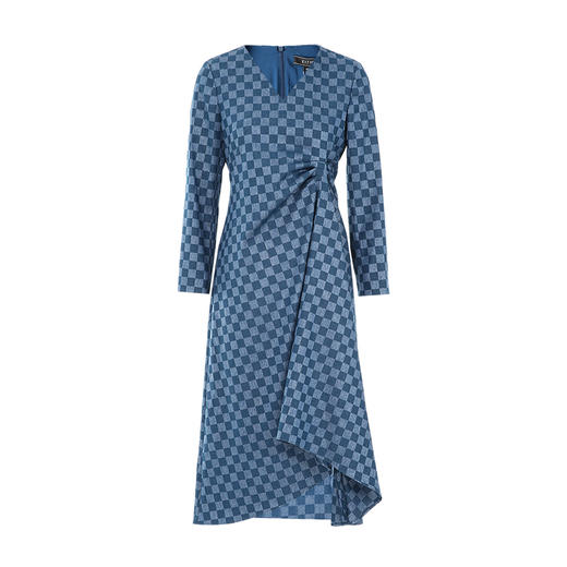 EITIE爱特爱时尚V领不规则设计收腰显瘦格纹蓝色连衣裙秋季新款C07218 商品图5