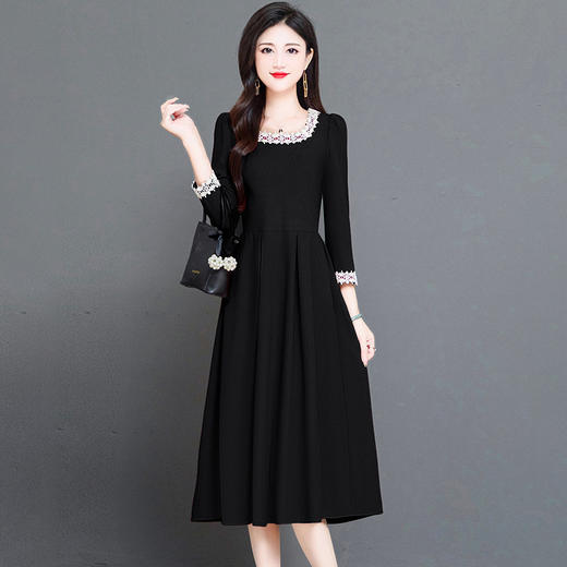 QYM-231325新款拼结花边领品纯色中长裙长袖裙高腰A字裙 商品图1