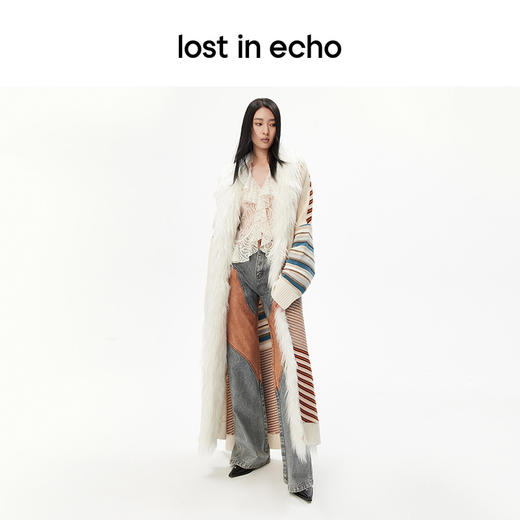 lost in echo设计师款小众花色毛领拼接拖地长款毛织开衫外套 商品图3