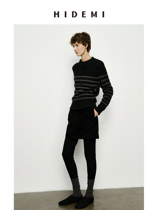 HIDEMI 条纹厚款粗针卷边毛衣 棕蓝/黑灰 商品图2