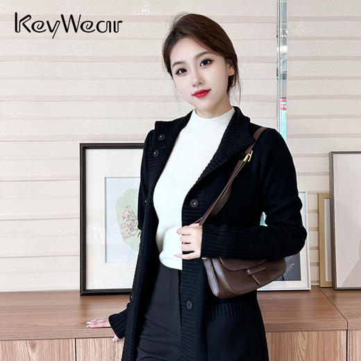 奇威【 100%羊毛 】立领针织开衫 中长款外套10009062 商品图0