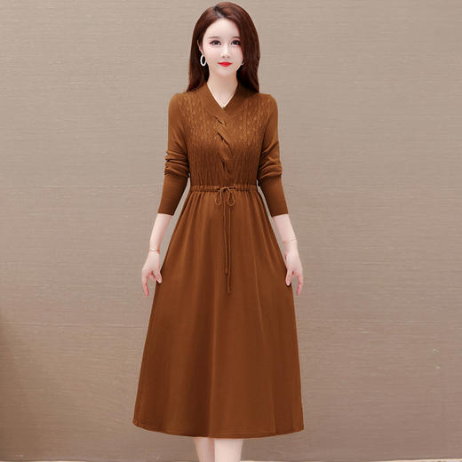 秋季新款，针织裙拼结假两件中长裙长袖A字裙纯色连衣裙QYM-XY-23LX521-Y 商品图7