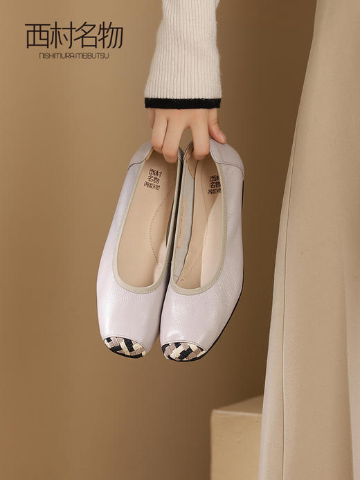 西村名物2023年秋季新款方头复古舒适真皮浅口平底软底软皮单鞋X23CE34731 商品图2