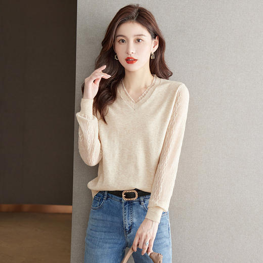 蕾丝v领针织衫秋季2023新款内搭薄款毛衣洋气紫色打底衫CC-MY8994 商品图2