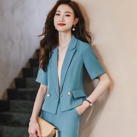 娜璐多 小个子短款外套女夏季薄款短袖通勤气质女神范时尚减龄长裤两件套