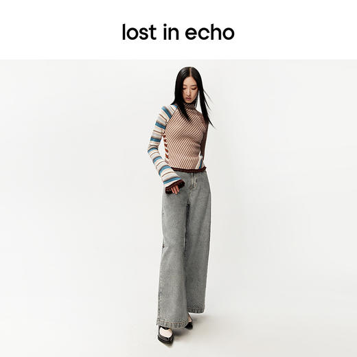 lost in echo设计师品牌时尚修身独特花色拼接荷叶边修身高领毛衣 商品图3