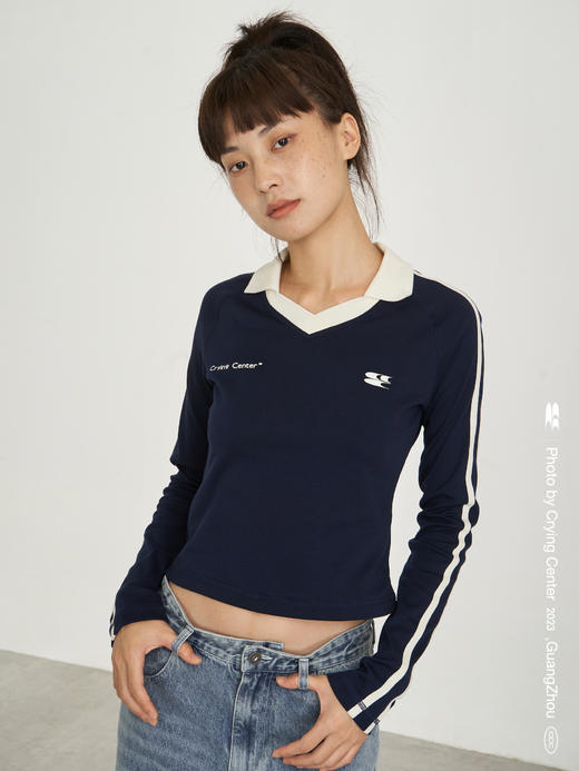 CryingCenter 藏青色撞色杠条polo领足球长袖tee情侣款 哭喊中心 商品图2