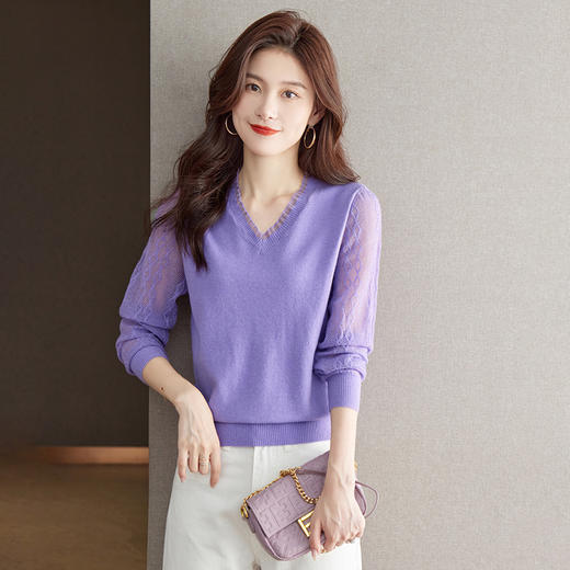 蕾丝v领针织衫秋季2023新款内搭薄款毛衣洋气紫色打底衫CC-MY8994 商品图1