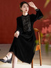 QS-82395682新款黑色复古真丝丝绒长袖刺绣花边立领连衣裙中长裙 商品缩略图2