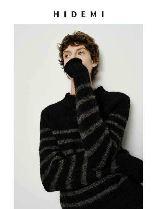 HIDEMI 条纹厚款粗针卷边毛衣 棕蓝/黑灰 商品图13
