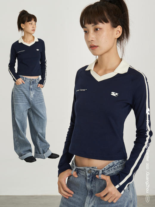 CryingCenter 藏青色撞色杠条polo领足球长袖tee情侣款 哭喊中心 商品图0