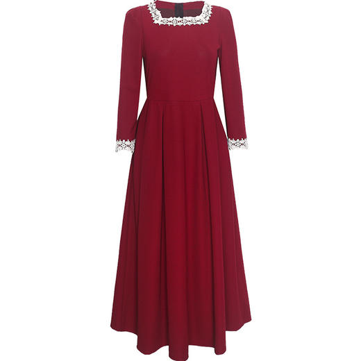 QYM-231325新款拼结花边领品纯色中长裙长袖裙高腰A字裙 商品图4