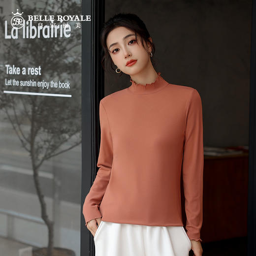 秋冬新款韩版半高领荷叶边长袖修身女款上衣打底衫天然纤维纯色T恤SZ2690 商品图2