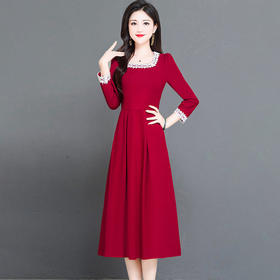 QYM-231325新款拼结花边领品纯色中长裙长袖裙高腰A字裙