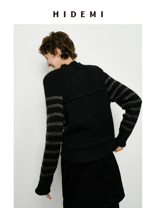 HIDEMI 条纹厚款粗针卷边毛衣 棕蓝/黑灰 商品图6