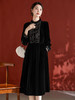 QS-82395682新款黑色复古真丝丝绒长袖刺绣花边立领连衣裙中长裙 商品缩略图0