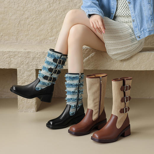 时尚个性，时尚撞色粗跟中筒靴ML-m1731 商品图0