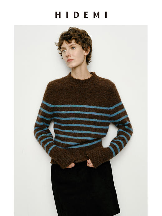 HIDEMI 条纹厚款粗针卷边毛衣 棕蓝/黑灰 商品图14