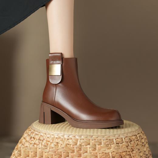 阿么手工女鞋真皮防水台高跟短靴秋冬时尚复古气质圆头时装靴6CM 商品图4