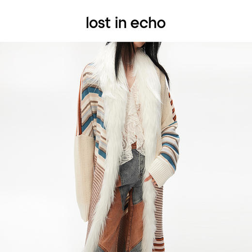 lost in echo设计师款小众花色毛领拼接拖地长款毛织开衫外套 商品图2