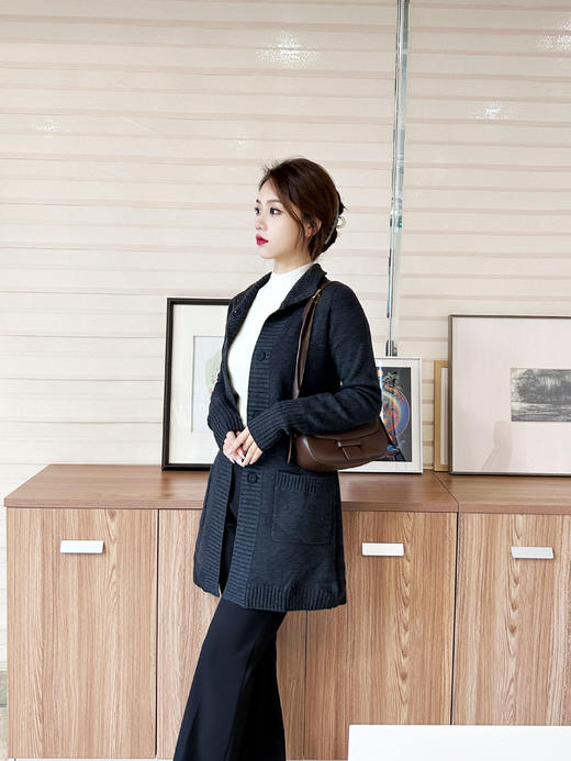 奇威【 100%羊毛 】立领针织开衫 中长款外套10009062 商品图2