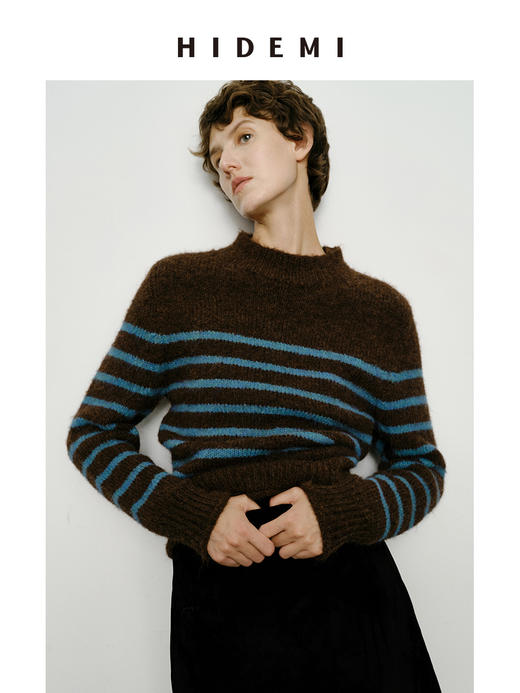 HIDEMI 条纹厚款粗针卷边毛衣 棕蓝/黑灰 商品图12