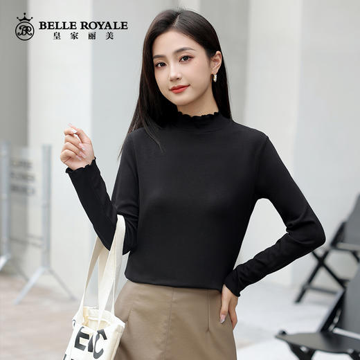 秋冬新款韩版半高领荷叶边长袖修身女款上衣打底衫天然纤维纯色T恤SZ2690 商品图1