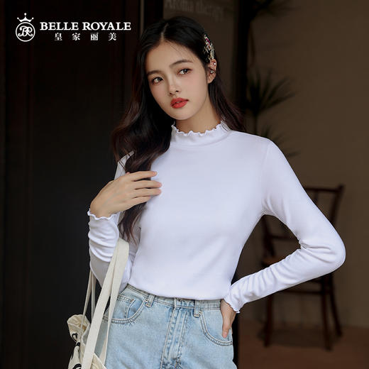 秋冬新款韩版半高领荷叶边长袖修身女款上衣打底衫天然纤维纯色T恤SZ2690 商品图3