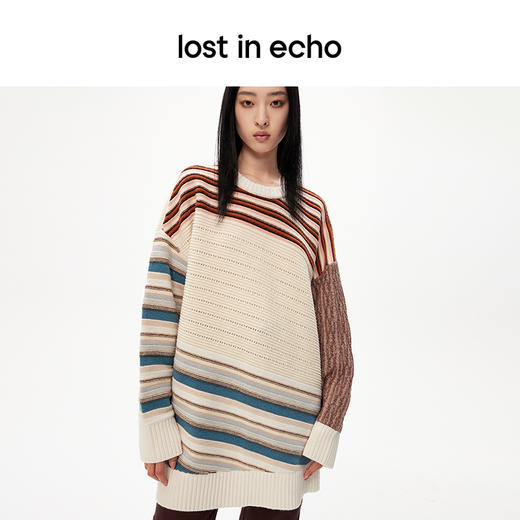 lost in echo设计师品牌花色拼接圆领毛织连衣裙长款毛衣宽松版型 商品图3