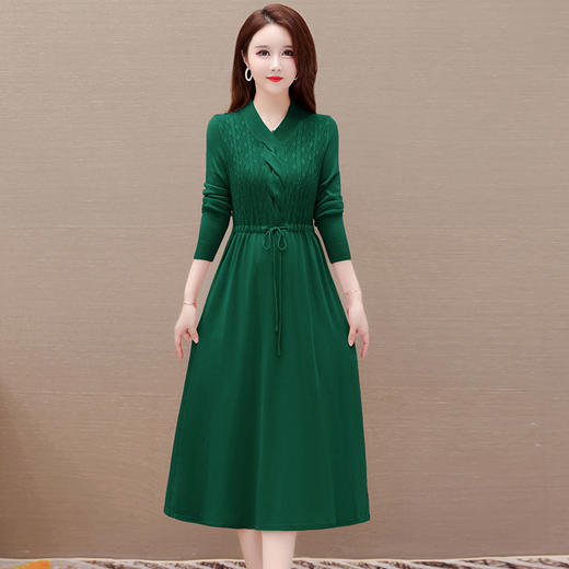 秋季新款，针织裙拼结假两件中长裙长袖A字裙纯色连衣裙QYM-XY-23LX521-Y 商品图1