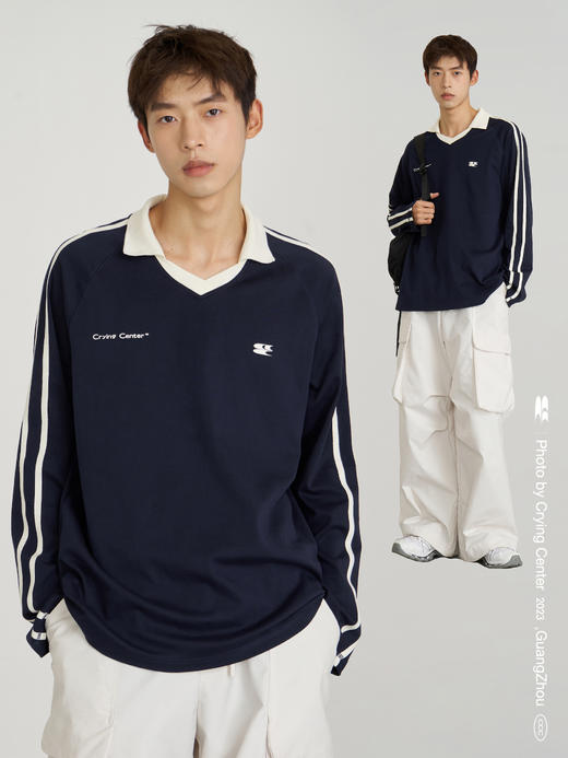 CryingCenter 藏青色撞色杠条polo领足球长袖tee情侣款 哭喊中心 商品图1