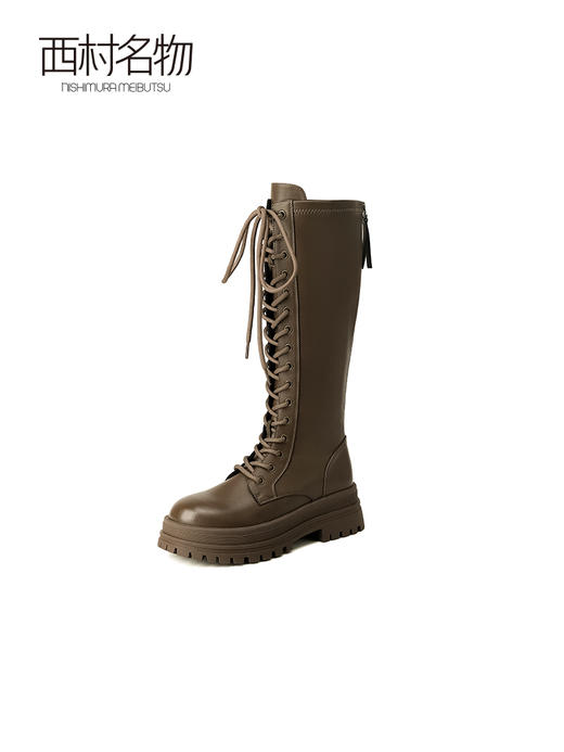 西村名物2023秋季新品系带长筒骑士靴不过膝长靴粗腿厚底女T23DQ45821 商品图0