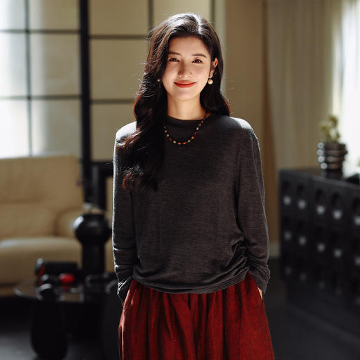 绽放683朵/高端全羊毛打底衫2023秋冬半高领正肩长袖弹力T恤 商品图0