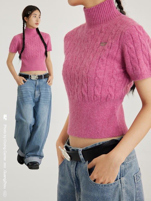 CryingCenter 燕麦色莓粉气质辣妹高领短袖麻花短款毛衣 哭喊中心 商品图2