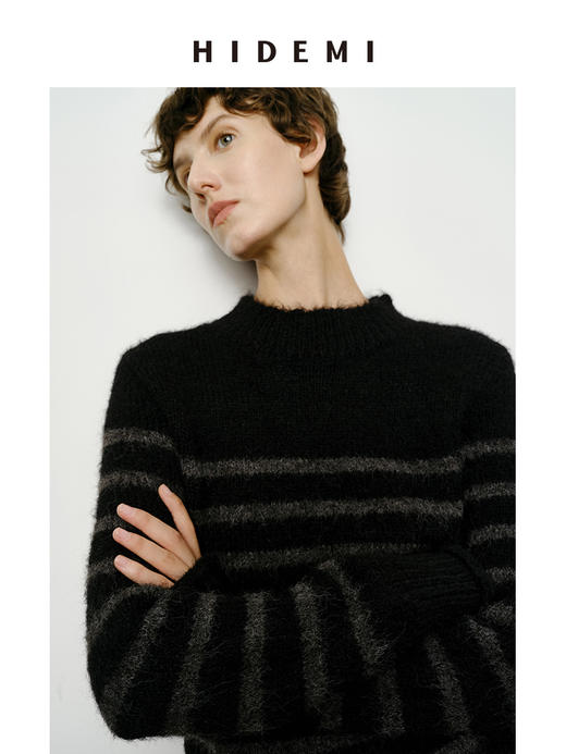 HIDEMI 条纹厚款粗针卷边毛衣 棕蓝/黑灰 商品图4