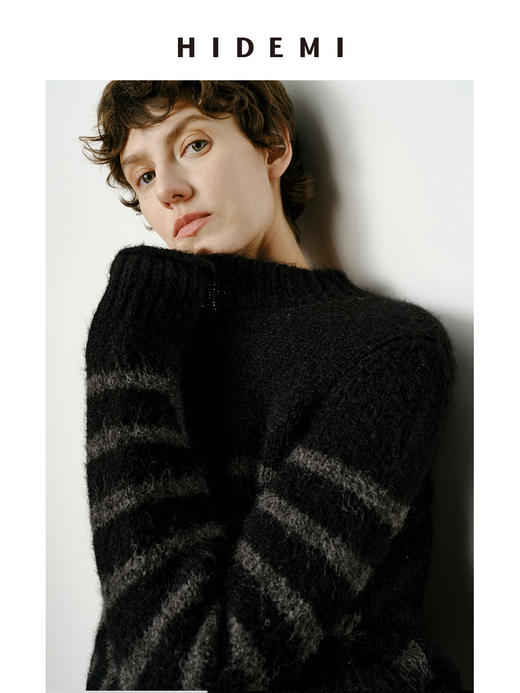 HIDEMI 条纹厚款粗针卷边毛衣 棕蓝/黑灰 商品图5