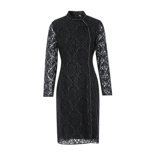 EITIE爱特爱气质优雅钉珠修身显瘦温柔黑色蕾丝连衣裙秋季新款C2307214 商品图5