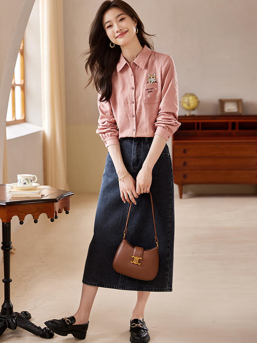 【年终特卖】熙世界全棉长袖衬衫秋季2025今年流行文艺可爱猫咪刺绣衬衣上衣 商品图3