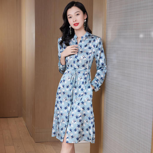 ASE-9516温柔风长袖真丝连衣裙春装女2023新款枫叶系带收腰显瘦桑蚕丝 商品图0