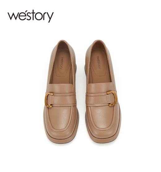 westory春秋新款真皮一脚蹬高跟厚底粗跟乐福鞋单鞋女W23CM74001 商品图3