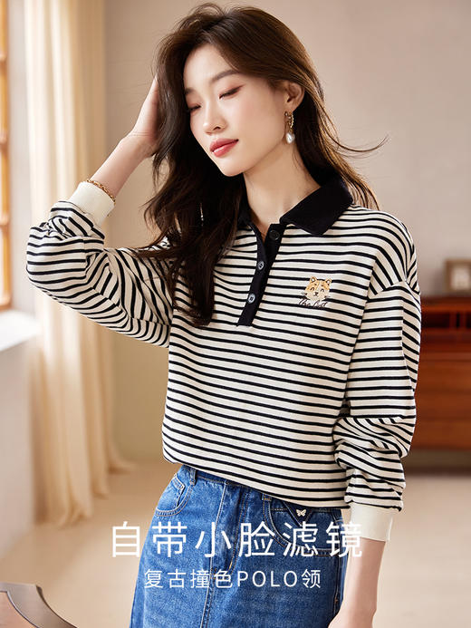 【年终特卖】熙世界POLO领条纹卫衣女套头猫咪刺绣宽松休闲上衣2025秋装新款 商品图1