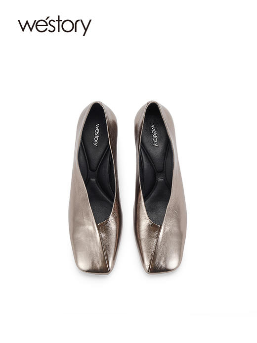 westory春秋法式粗跟浅口方头单鞋小众复古时尚女鞋W23CM73701 商品图3