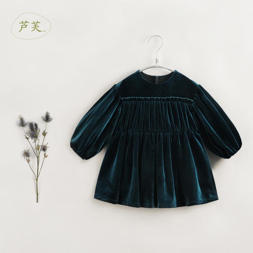 【马克珍妮 芦芙】秋装新款 女童柔软泡泡袖花边丝绒连衣裙231577 商品图1
