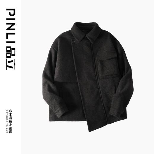 PINLI品立2023秋冬新品男士翻领短款呢大衣不规则宽松潮呢子外套B233102032 商品图5