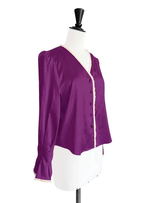 TYNVIE 雪纺木耳边装饰花瓣袖长袖上衣-紫色 商品图6