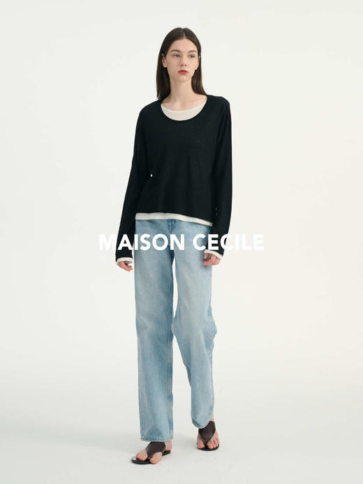 MAISON CECILE浅色复古水洗蓝直筒显瘦高腰牛仔裤 商品图2