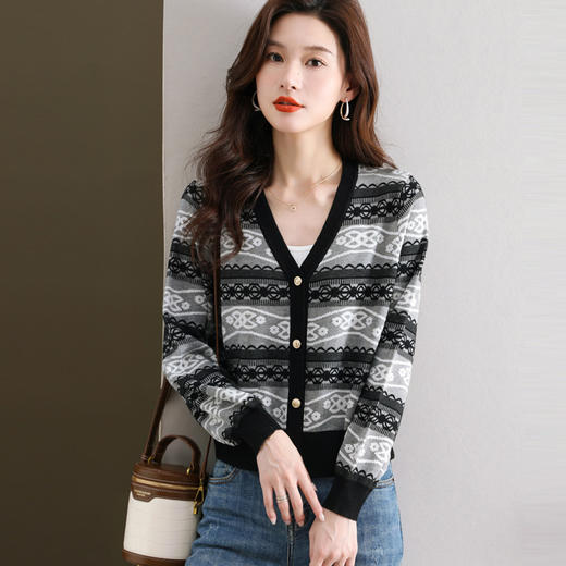 V领条纹复古民族风减龄遮肚子开衫针织衫短外搭CC-6692 商品图2