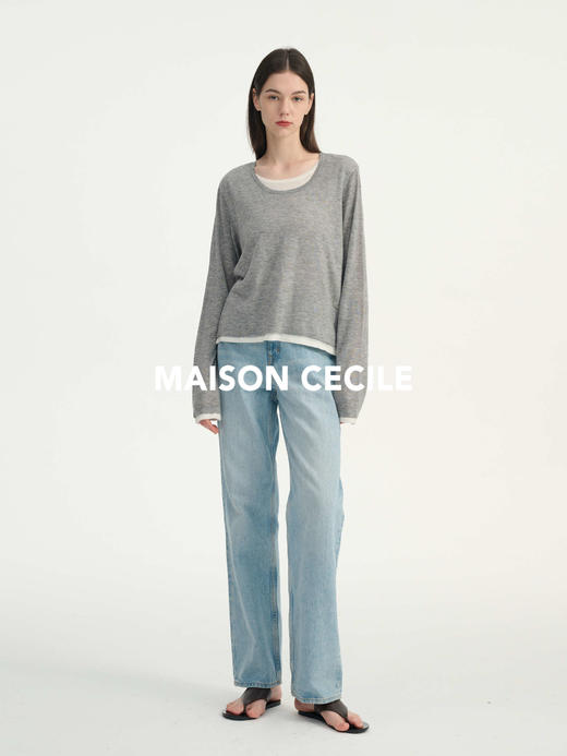 MAISON CECILE浅色复古水洗蓝直筒显瘦高腰牛仔裤 商品图3