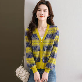 V领条纹复古民族风减龄遮肚子开衫针织衫短外搭CC-6692